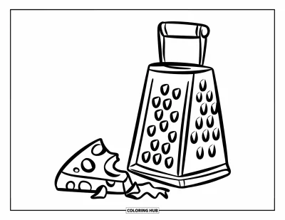 Desenho de Queijo para Colorir para Crianças: Um ralador de queijo ao lado de uma pequena pilha de queijo ralado