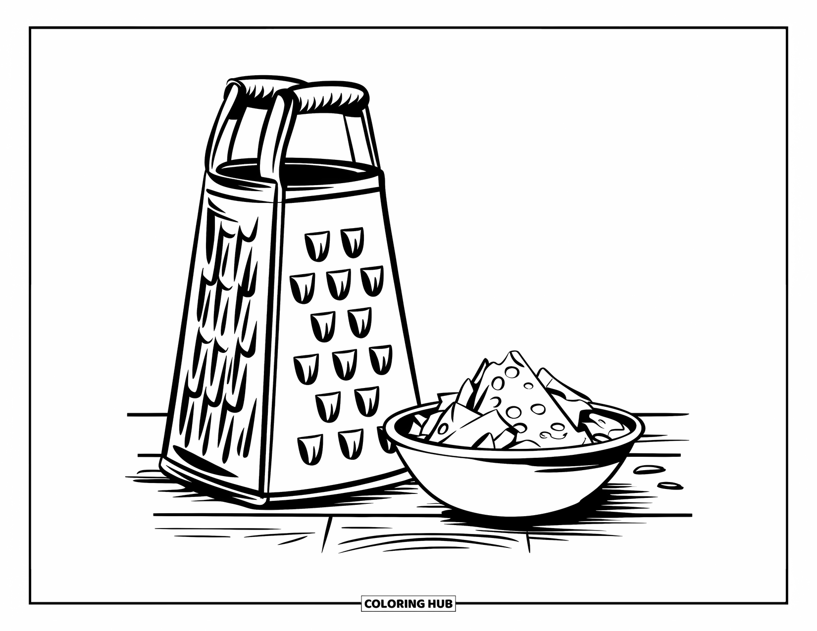 Cheese Coloring Page for Kids: A cheese grater on a wooden surface with a bowl of shredded cheese