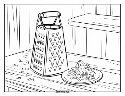 Desenho de Queijo para Colorir para Crianças: Um ralador de queijo com queijo ralado em um prato, pronto para polvilhar