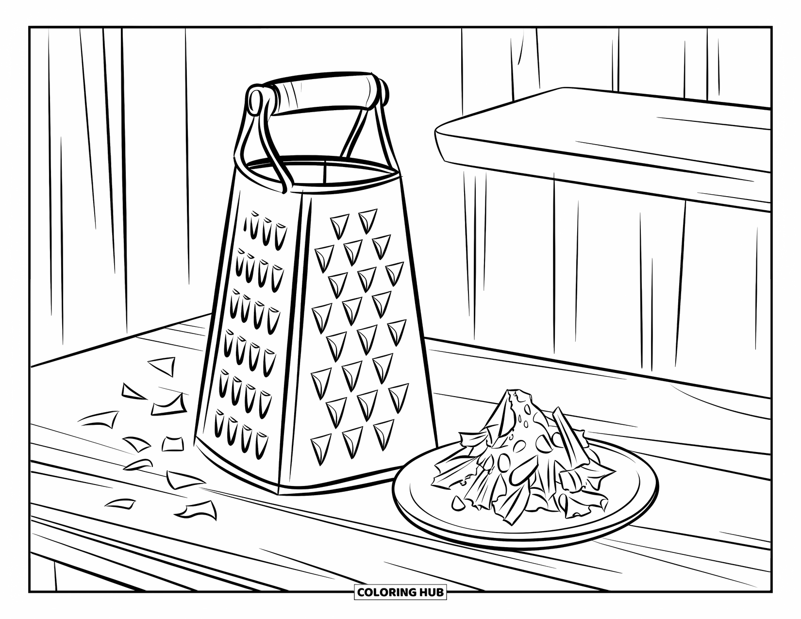 Cheese Coloring Page for Kids: A cheese grater with shredded cheese on a plate, ready to sprinkle