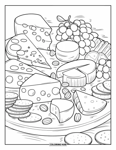 Desenho de queijo para colorir para crianças: Uma tábua de frios com queijos variados, biscoitos, uvas e nozes