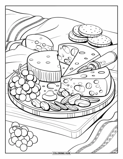Desenho de queijo para colorir para crianças: Uma tábua de queijos variados com uvas e nozes sobre uma rústica tábua de madeira