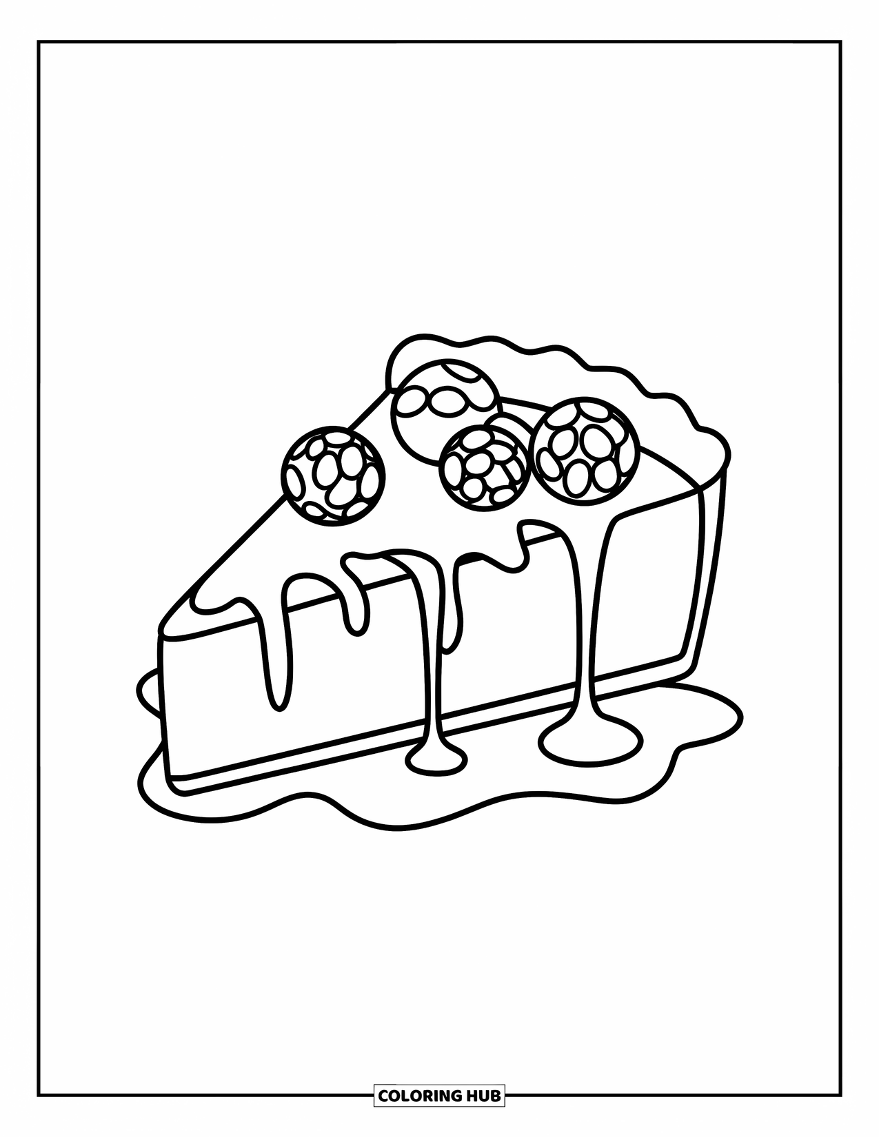 Cheese Coloring Page for Kids: A cheesecake slice with a golden-brown crust, berries, and a syrup drizzle