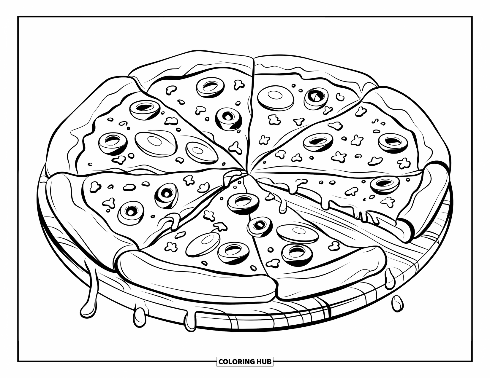 Cheese Coloring Page for Kids: A cheesy pizza with olives and pepper flakes, served on a wooden board