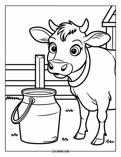 Desenho de Queijo para Colorir para Crianças: Uma vaca com um balde de leite em um pátio de fazenda, perto de um celeiro vermelho