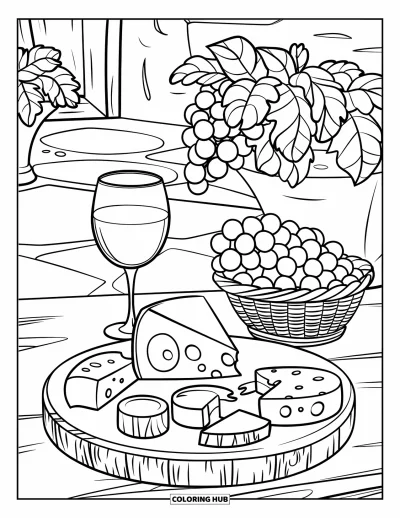 Desenho de Queijo para Colorir para Crianças: Um arranjo aconchegante de queijo e vinho com uma tábua de queijos de madeira e uma cesta de uvas