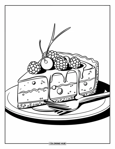 Desenho de Queijo para Colorir para Crianças: Uma fatia cremosa de cheesecake coberta com frutas vermelhas e regada com calda