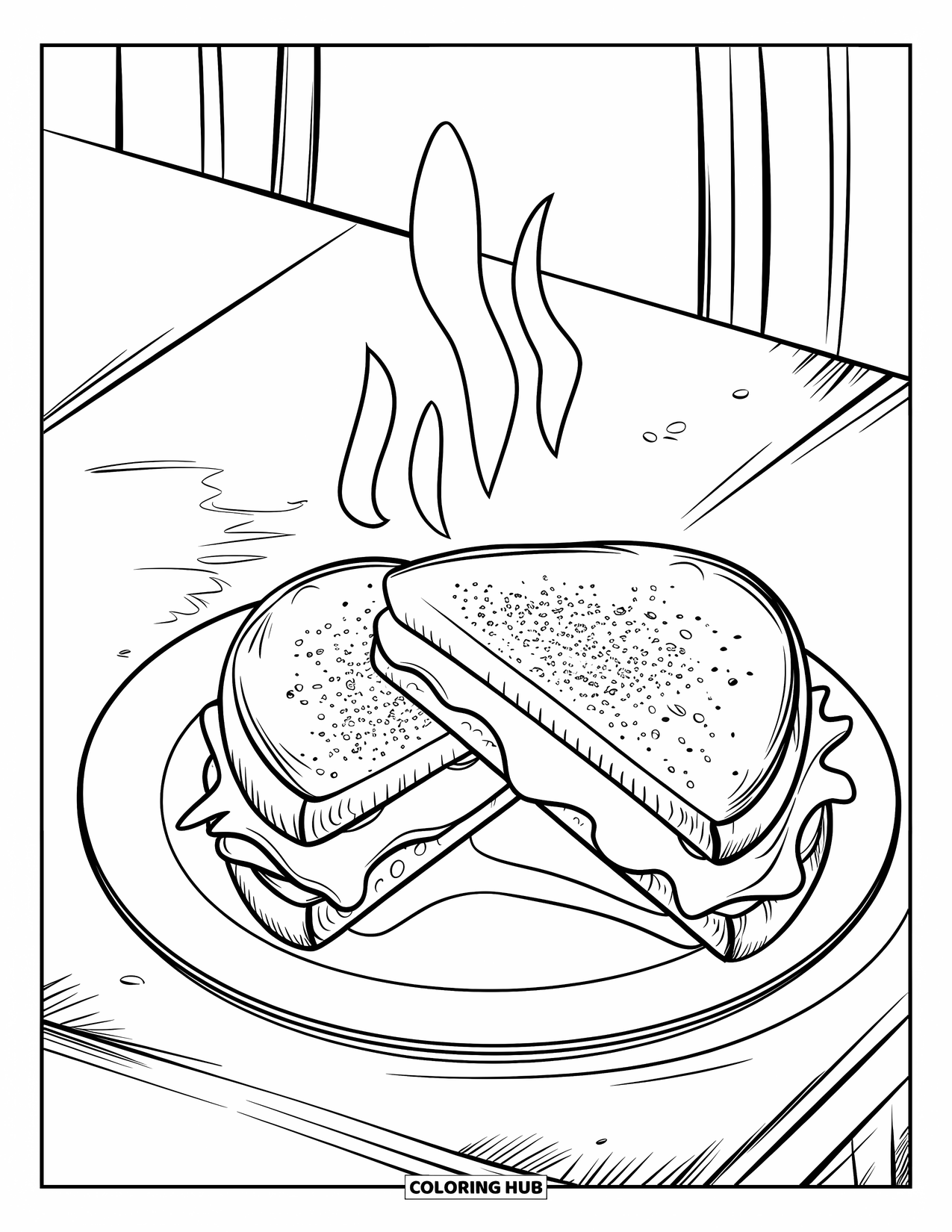 Cheese Coloring Page for Kids: A crispy grilled cheese sandwich with a sprinkle of pepper on top