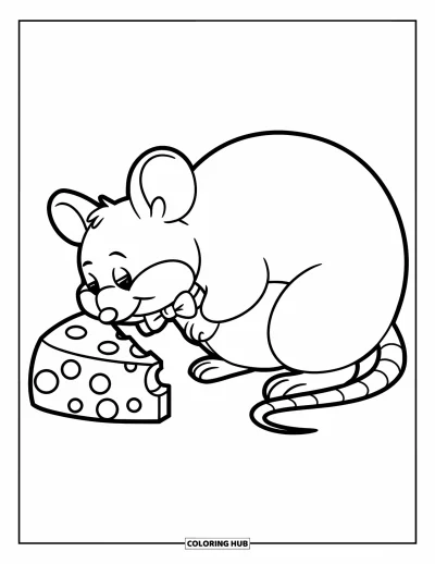 Desenho de Queijo para Colorir para Crianças: Um rato curioso com olhos grandes cheirando um delicioso pedaço de queijo