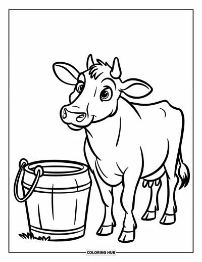 Desenho de Queijo para Colorir para Crianças: Uma vaca de fazenda leiteira ao lado de um balde de leite, pronta para a fabricação de queijo