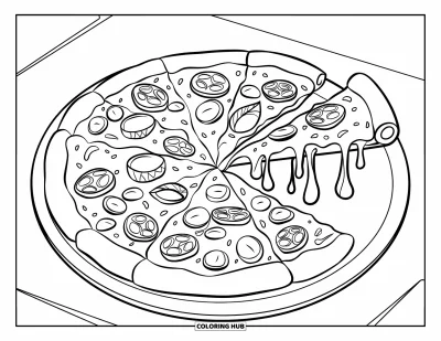 Desenho de Queijo para Colorir para Crianças: Uma pizza deliciosa com queijo derretido e ingredientes, fatiada e colocada em um prato branco