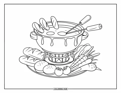 Desenho de Queijo para Colorir para Crianças: Uma panela de fondue de queijo sofisticada com pão e legumes prontos para mergulhar
