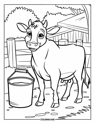 Desenho de Queijo para Colorir para Crianças: Uma vaca amigável em pé ao lado de um balde de leite em uma fazenda leiteira