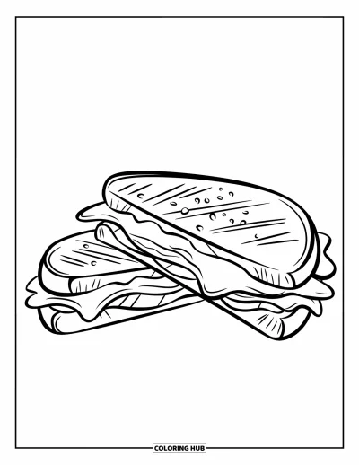 Desenho de Queijo para Colorir para Crianças: Um sanduíche de queijo grelhado em um prato com queijo pegajoso escorrendo