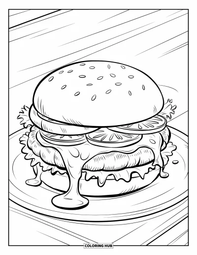 Desenho de Queijo para Colorir para Crianças: Um cheeseburger grelhado com ingredientes frescos, servido com uma porção de batatas fritas