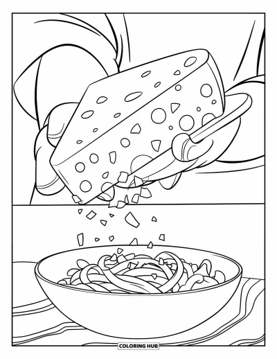 Desenho de Queijo para Colorir para Crianças: Uma mão segurando uma fatia de parmesão ralando queijo em um prato de massa