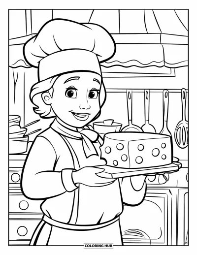 Desenho de Queijo para Colorir para Crianças: Um chef feliz apresentando um pedaço de queijo em uma cozinha aconchegante