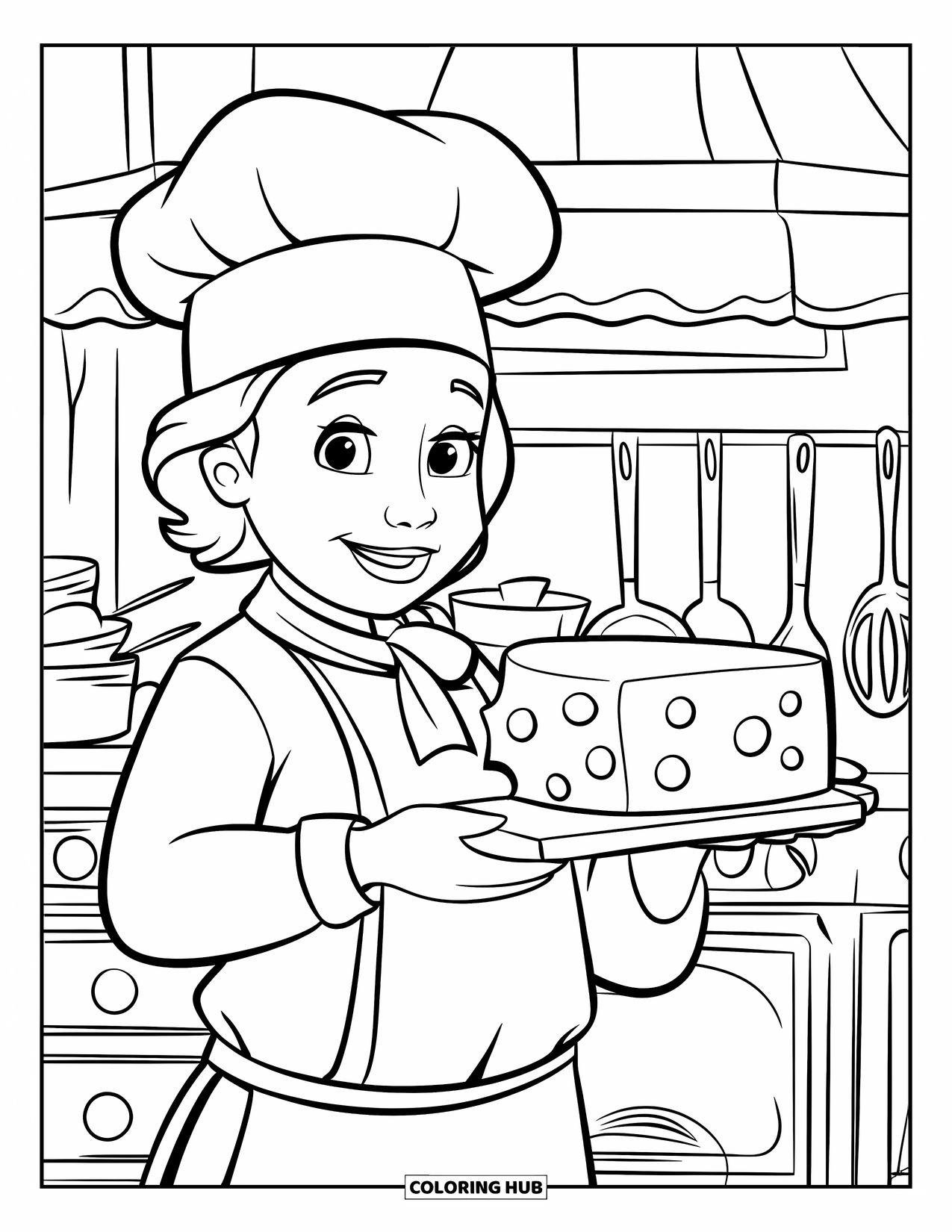 Cheese Coloring Page for Kids: A happy chef presenting a piece of cheese in a cozy kitchen