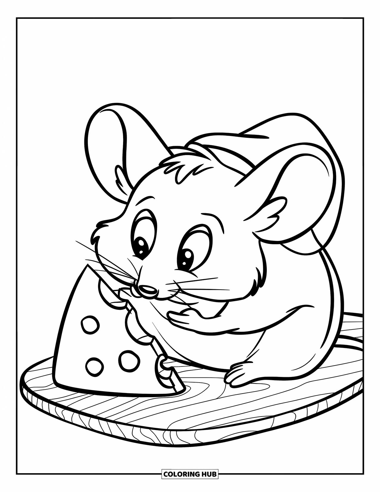 Cheese Coloring Page for Kids: A happy little mouse admiring a triangular wedge of cheese