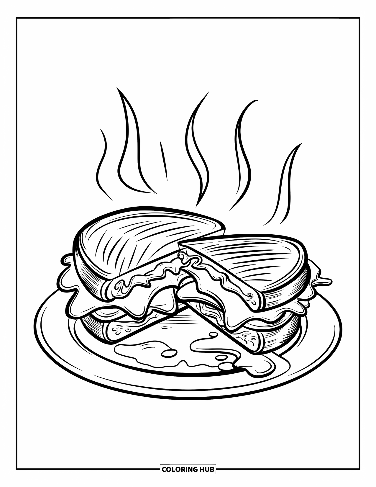 Cheese Coloring Page for Kids: A hot grilled cheese sandwich with melted cheese stretching between slices