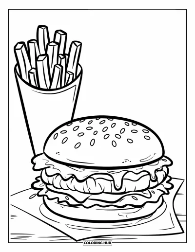 Desenho de Queijo para Colorir para Crianças: Um cheeseburger suculento com queijo derretido escorrendo sobre o hambúrguer