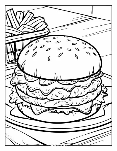 Desenho de Queijo para Colorir para Crianças: Um cheeseburger malpassado com queijo derretido, alface e tomate