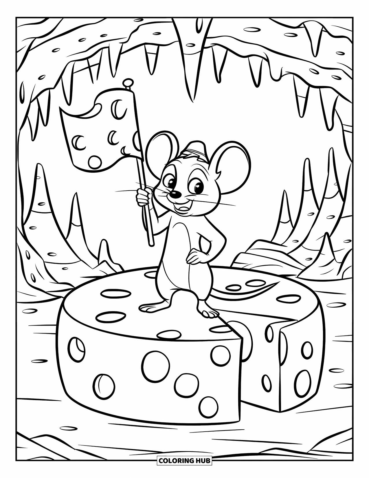 Cheese Coloring Page for Kids: A mouse on a cheese wheel with a surprised expression inside a cave-like setting