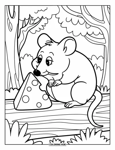 Desenho de Queijo para Colorir para Crianças: Um rato sentado em um tronco, cheirando um pedaço de queijo na floresta