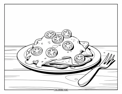 Desenho de Queijo para Colorir para Crianças: Um prato de nachos coberto com queijo derretido e coberto com jalapeños