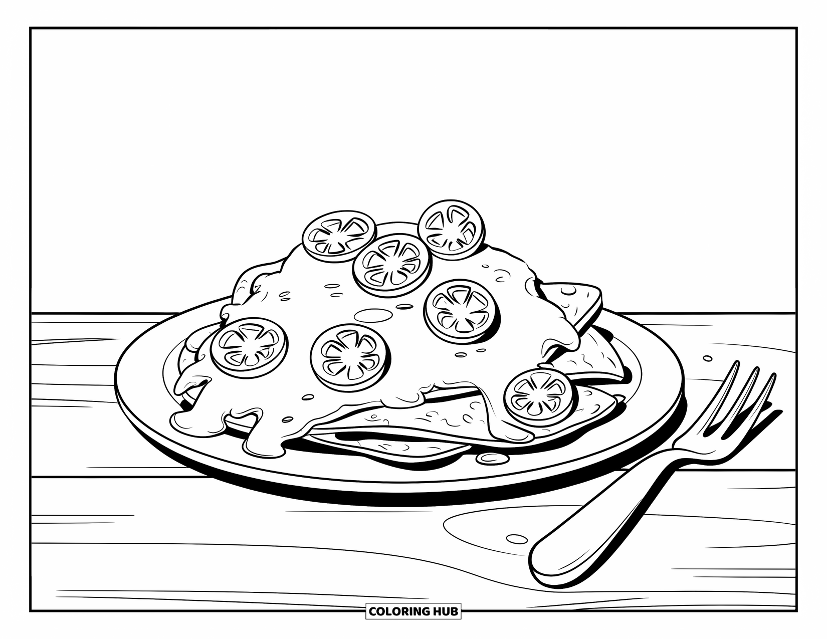 Cheese Coloring Page for Kids: A nacho plate covered in melted cheese and topped with jalapeños