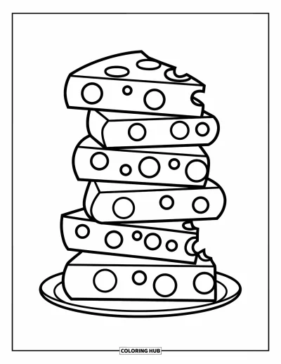 Desenho de Queijo para Colorir para Crianças: Uma pilha organizada de fatias de queijo em um prato branco, pronta para saborear