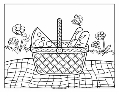 Desenho de Queijo para Colorir para Crianças: Uma cesta de piquenique com queijo e pão, colocada sobre uma toalha quadriculada