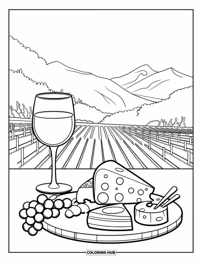 Desenho de Queijo para Colorir para Crianças: Uma combinação pitoresca de queijo e vinho com um fundo temático de vinhedo