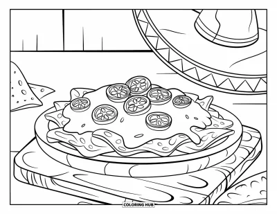Desenho de Queijo para Colorir para Crianças: Um prato de nachos com queijo derretido e jalapeños, colocado em uma mesa festiva