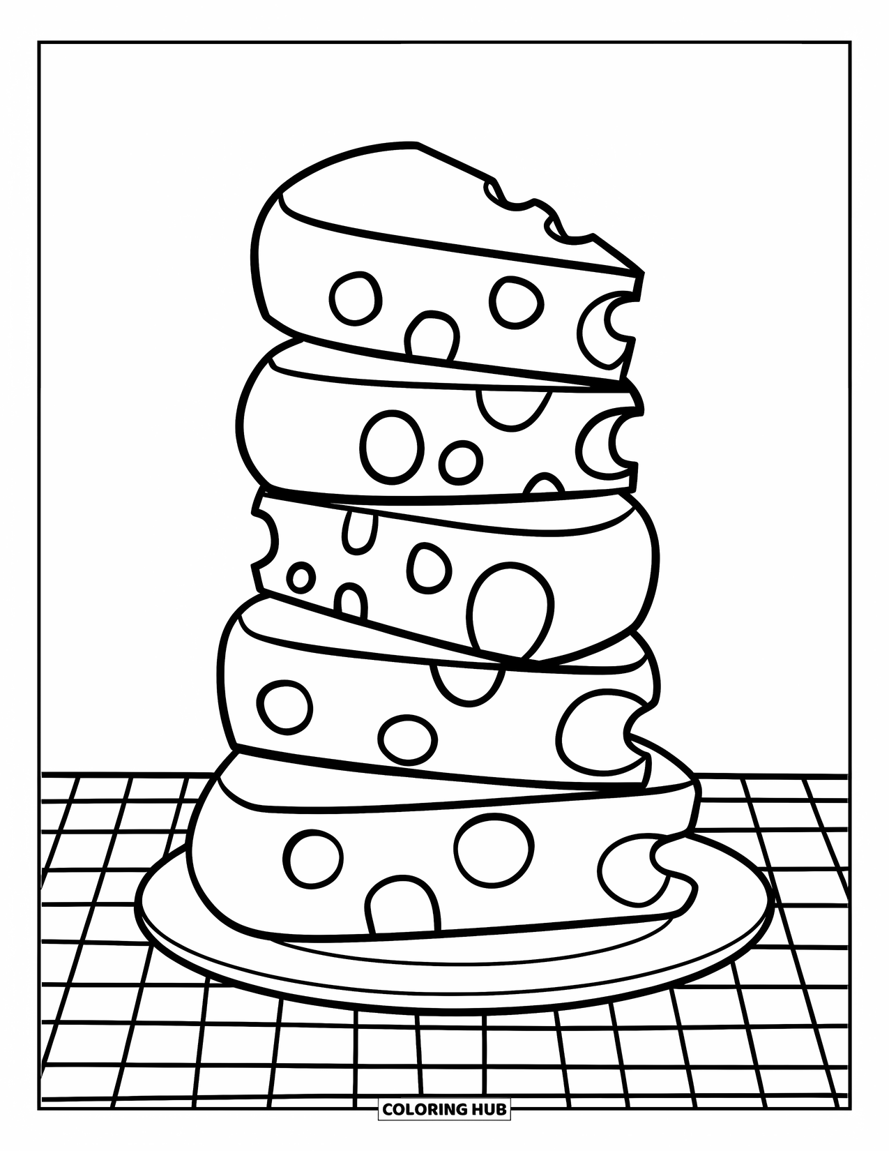 Cheese Coloring Page for Kids: A plate of stacked cheese slices sitting on a checkered tablecloth