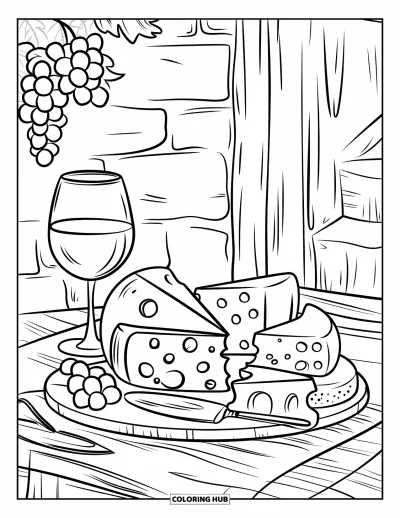 Desenho de Queijo para Colorir para Crianças: Uma configuração rústica de queijo e vinho com uma travessa de queijos, uvas e uma faca