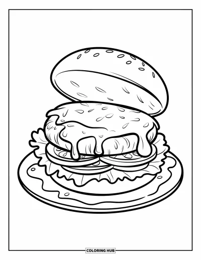Desenho de Queijo para Colorir para Crianças: Um cheeseburger borbulhante com queijo derretido e um pão torrado em uma travessa