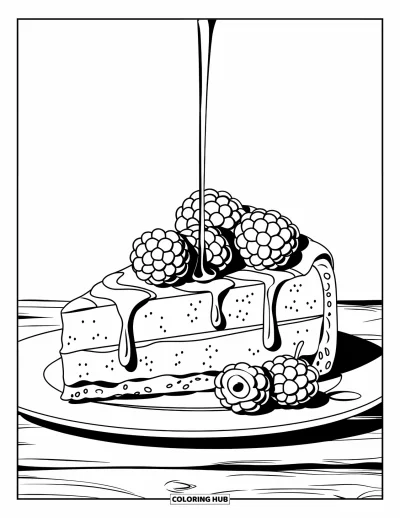 Desenho de Queijo para Colorir para Crianças: Uma fatia de cheesecake com frutas vermelhas e calda, servida em um prato branco