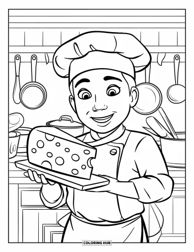 Desenho de Queijo para Colorir para Crianças: Um chef sorrindo segurando um pedaço de queijo em uma tábua de madeira