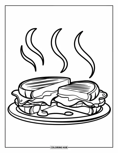 Desenho de Queijo para Colorir para Crianças: Um sanduíche de queijo grelhado fumegante cortado ao meio, com queijo pegajoso esticando