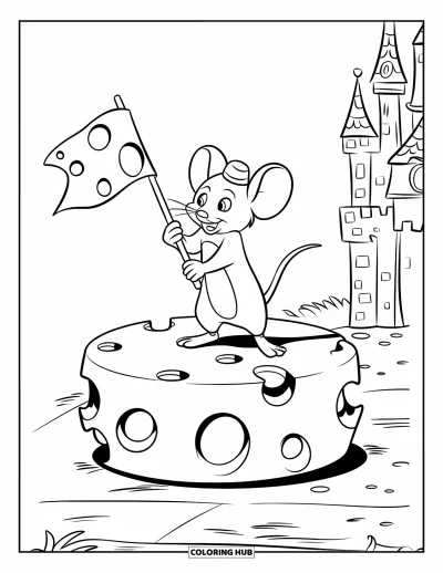 Desenho de Queijo para Colorir para Crianças: Um ratinho orgulhosamente em pé sobre uma roda de queijo, segurando uma pequena bandeira de queijo