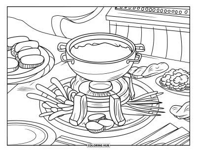 Desenho de Queijo para Colorir para Crianças: Um fondue de queijo quente com pão, legumes e um prato decorativo ao fundo