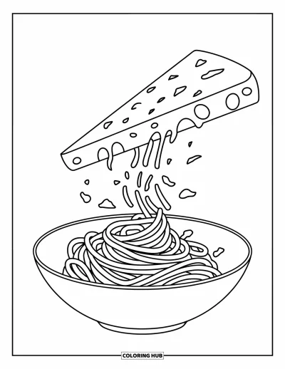 Desenho de Queijo para Colorir para Crianças: Uma fatia de queijo parmesão sendo ralada sobre uma tigela de espaguete perfeitamente enrolado