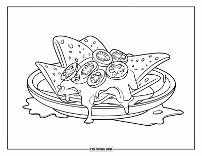 Desenho de Queijo para Colorir para Crianças: Nachos crocantes escorrendo com queijo derretido e jalapeños picantes por cima