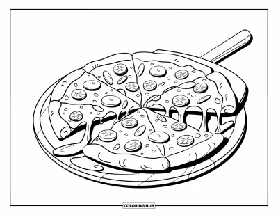 Desenho de Queijo para Colorir para Crianças: A pizza está carregada de ingredientes e queijo derretido, sentada em uma pá de madeira