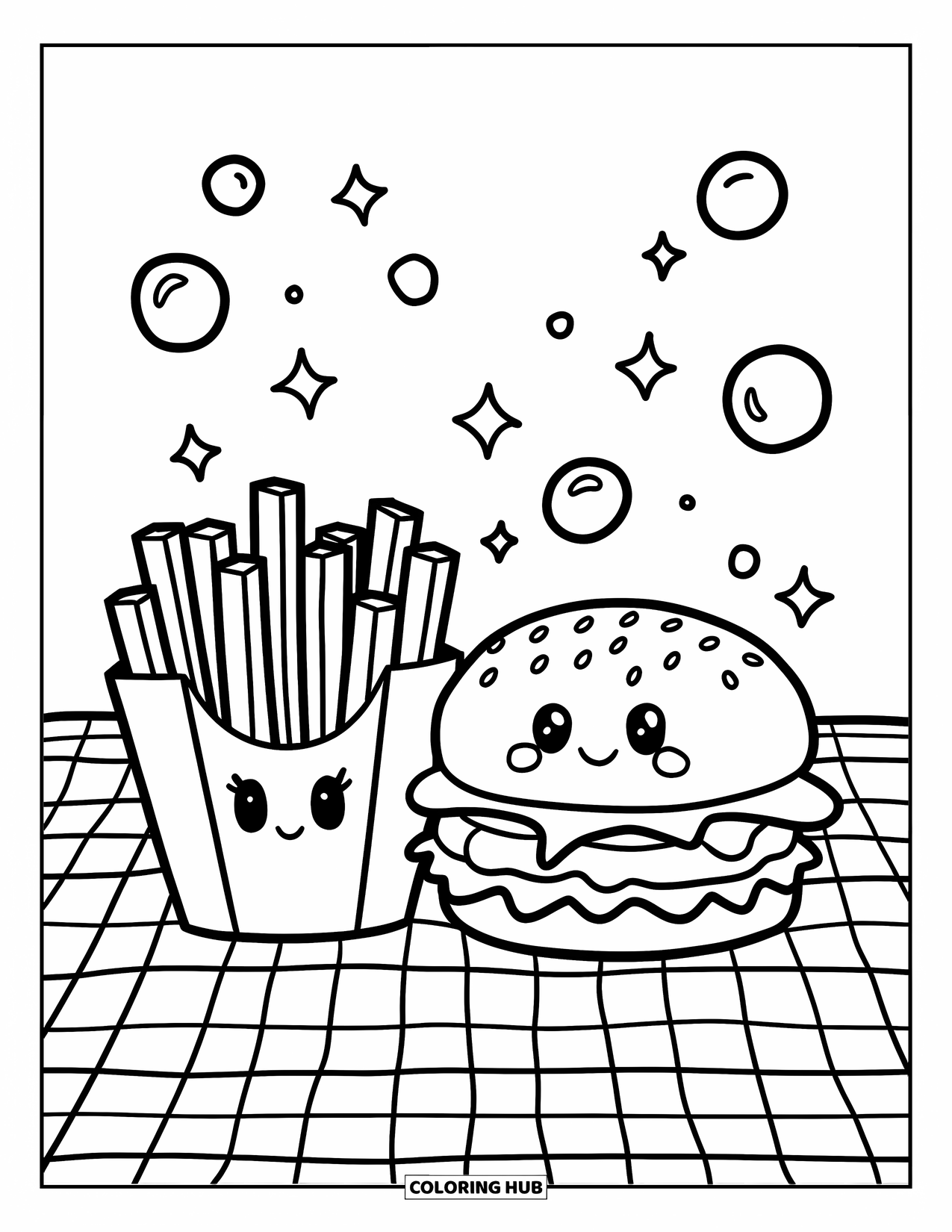 Cheeseburger Coloring Page for Adults: A cheerful cheeseburger and fries sitting on a picnic blanket, surrounded by bubbles and stars