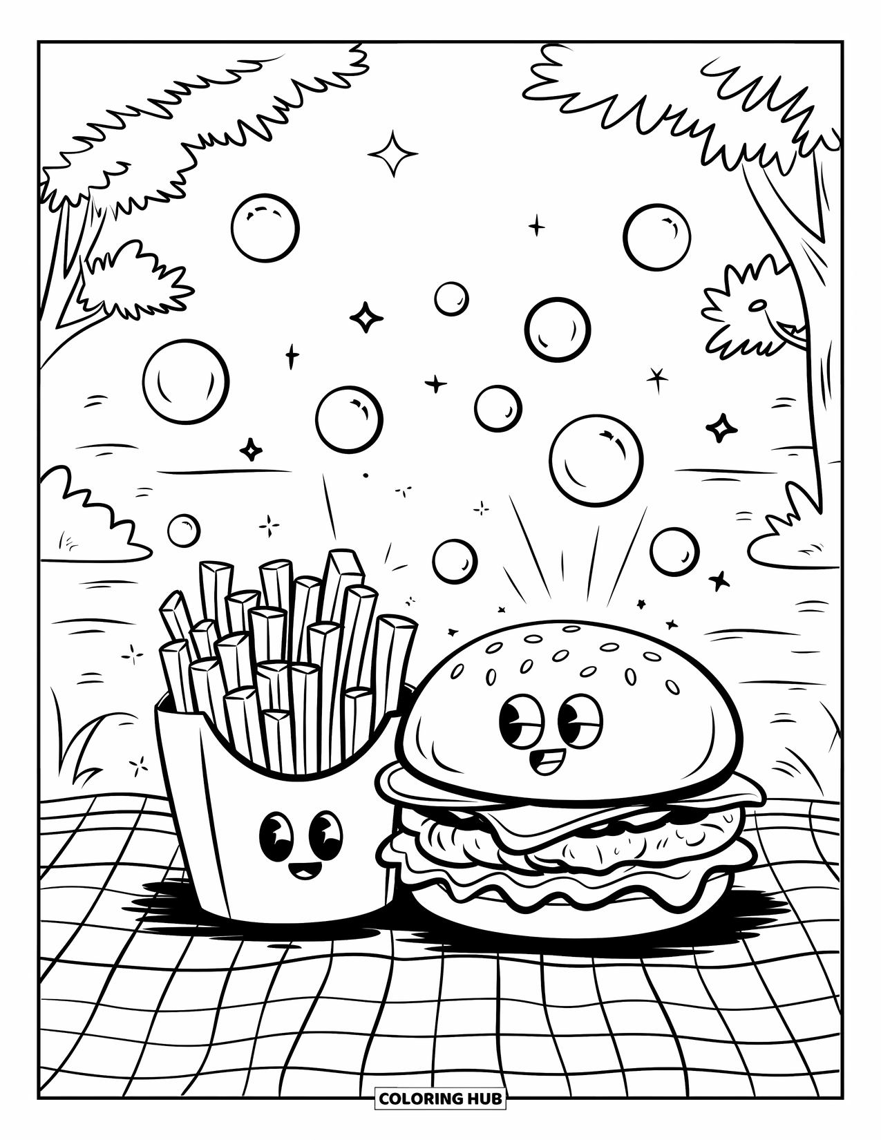 Cheeseburger Coloring Page for Adults: A cheeseburger and fries on a picnic blanket with a nature background and playful decorations