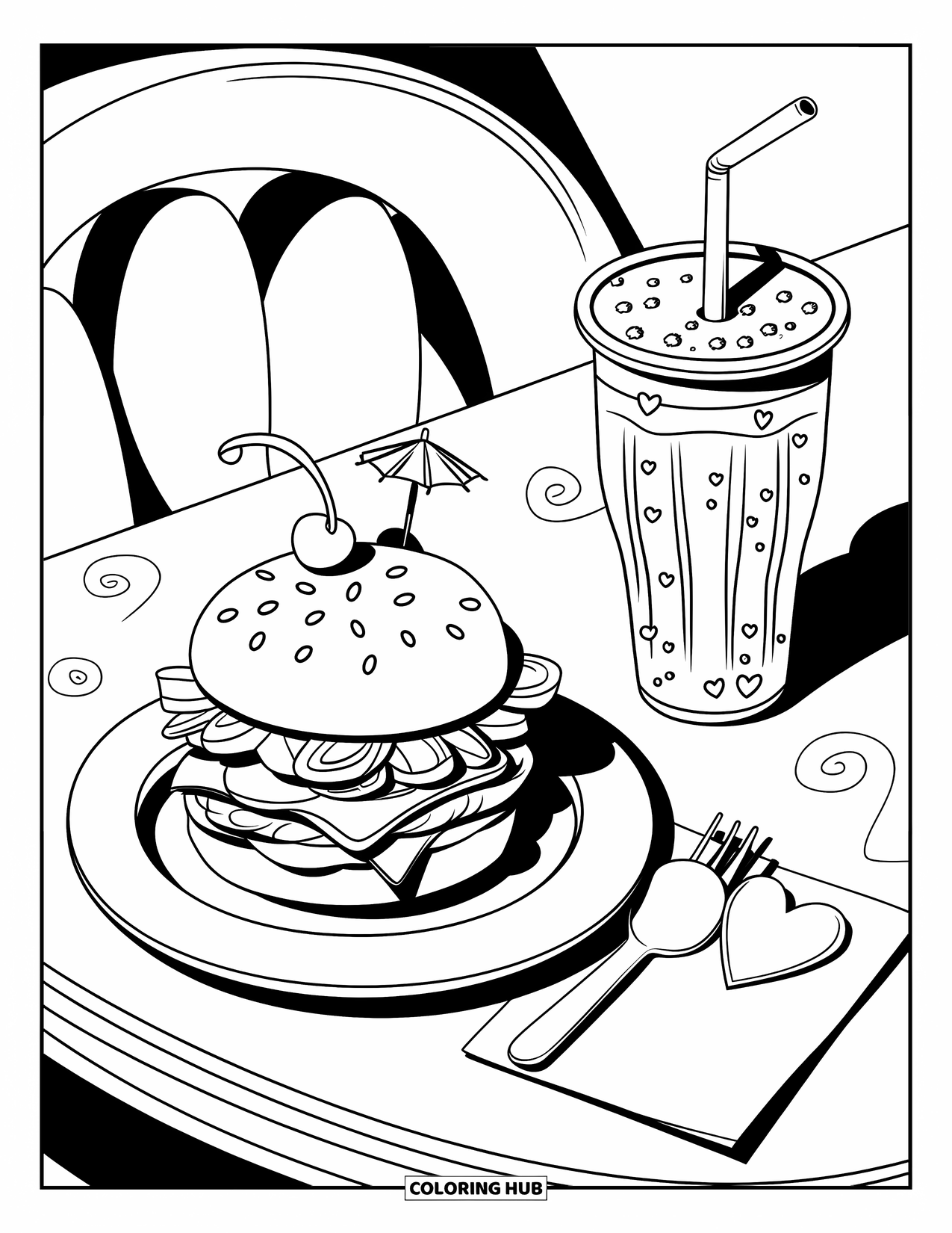 Cheeseburger Coloring Page for Adults: A cheeseburger and soda cup on a diner table with swirly designs and tiny cute elements