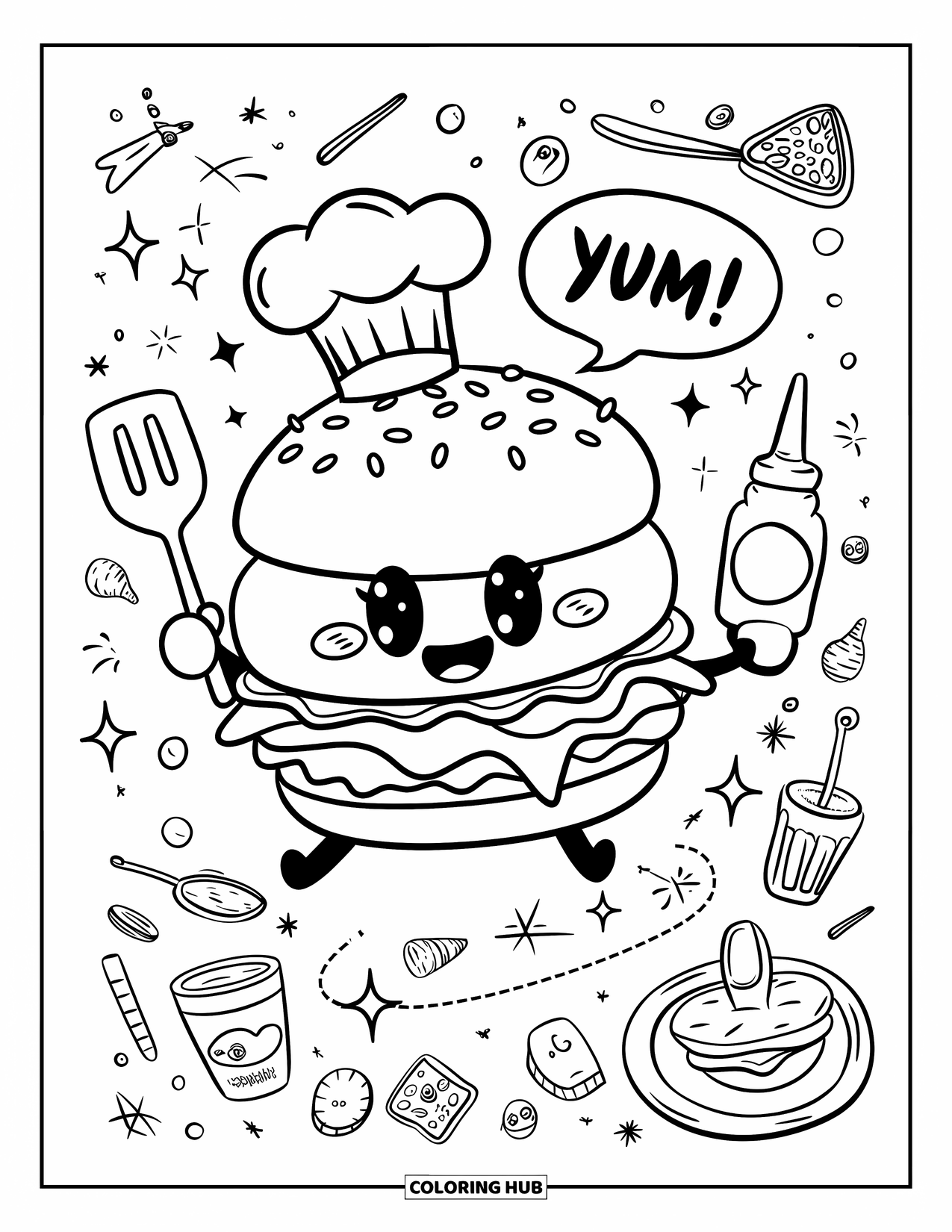 Cheeseburger Coloring Page for Adults: A cheeseburger chef making magic, surrounded by sparkles and a floating "Yum!" speech bubble