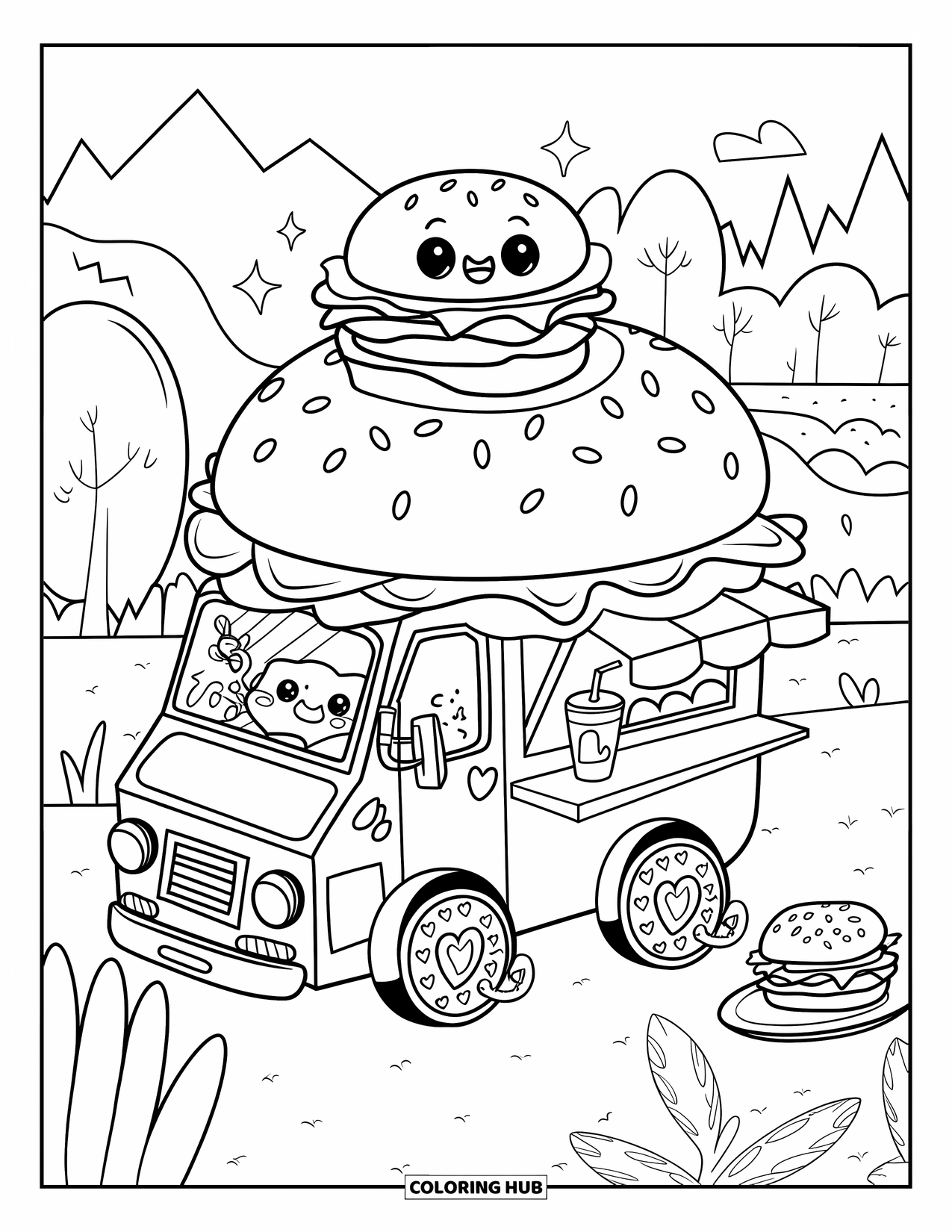 Cheeseburger Coloring Page for Adults: A cheeseburger food truck with a friendly mascot, rolling through a landscape with trees and water